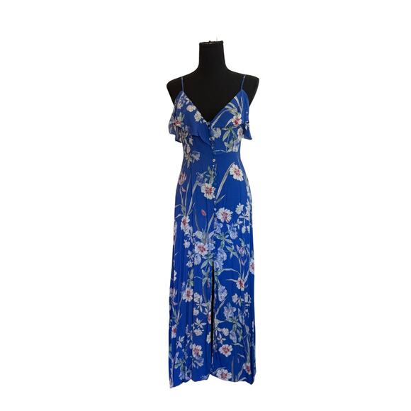 Zara Blue Floral Spaghetti Strap Button Front Ruffle Detail Maxi Dress - s - Picture 3 of 12